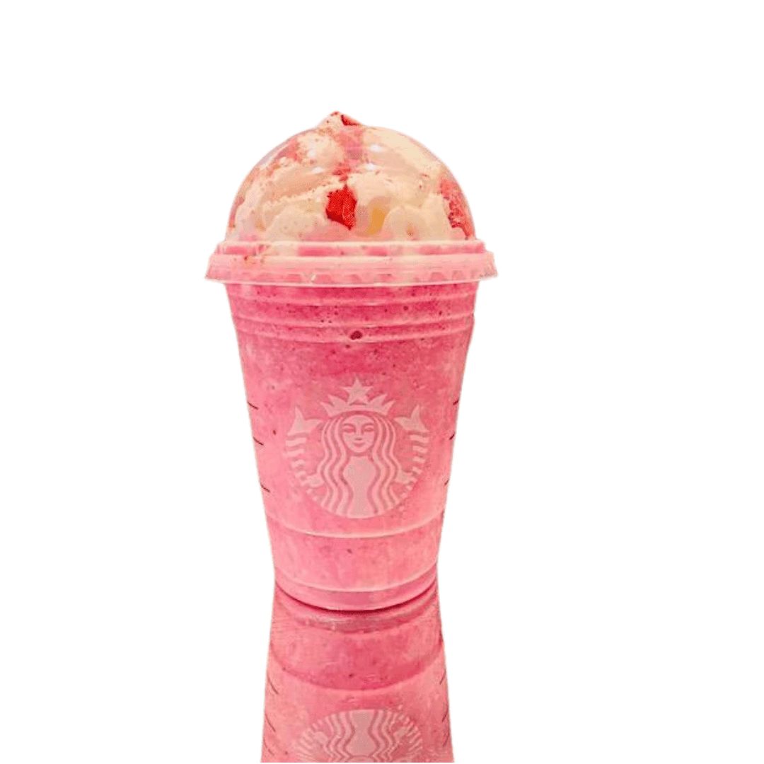 Pink strawberry and vanilla blended drink with whipped cream