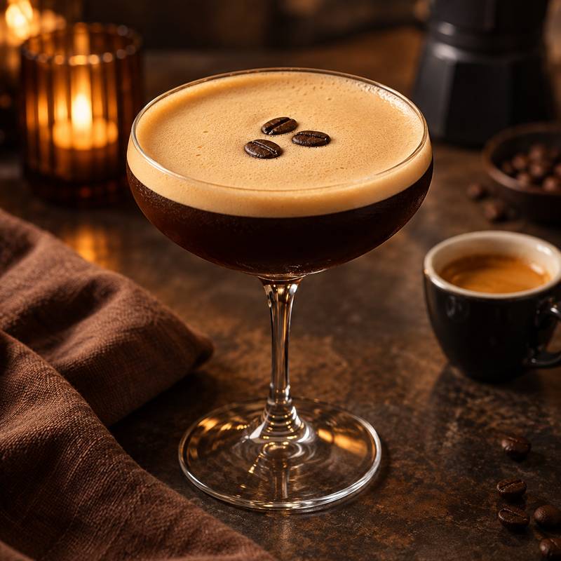 Espresso martini topped with three coffee beans in a coupe glass