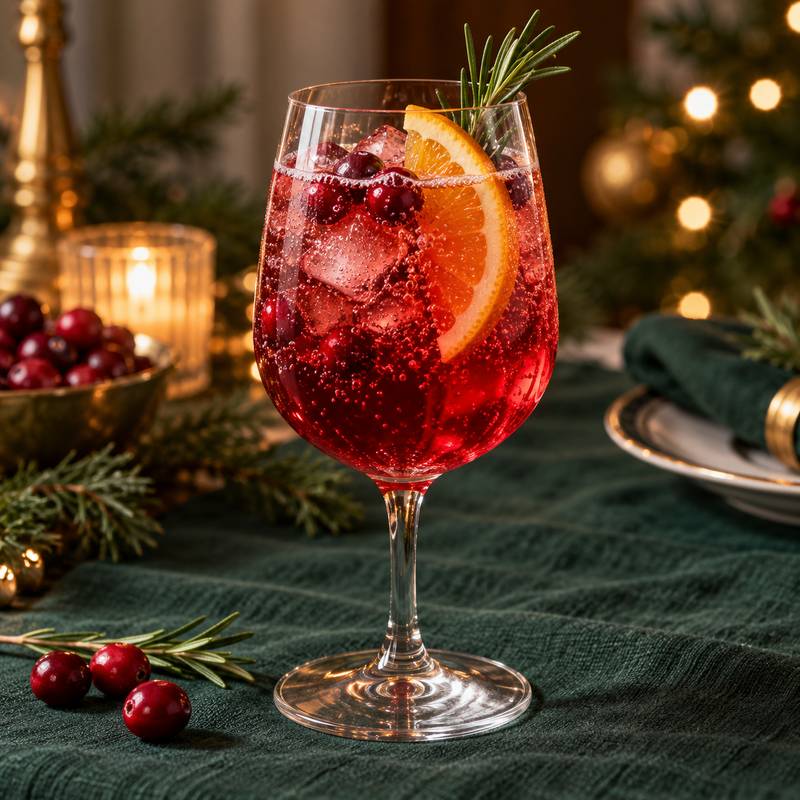 Cranberry rosemary spritz with an orange slice in a wine glass