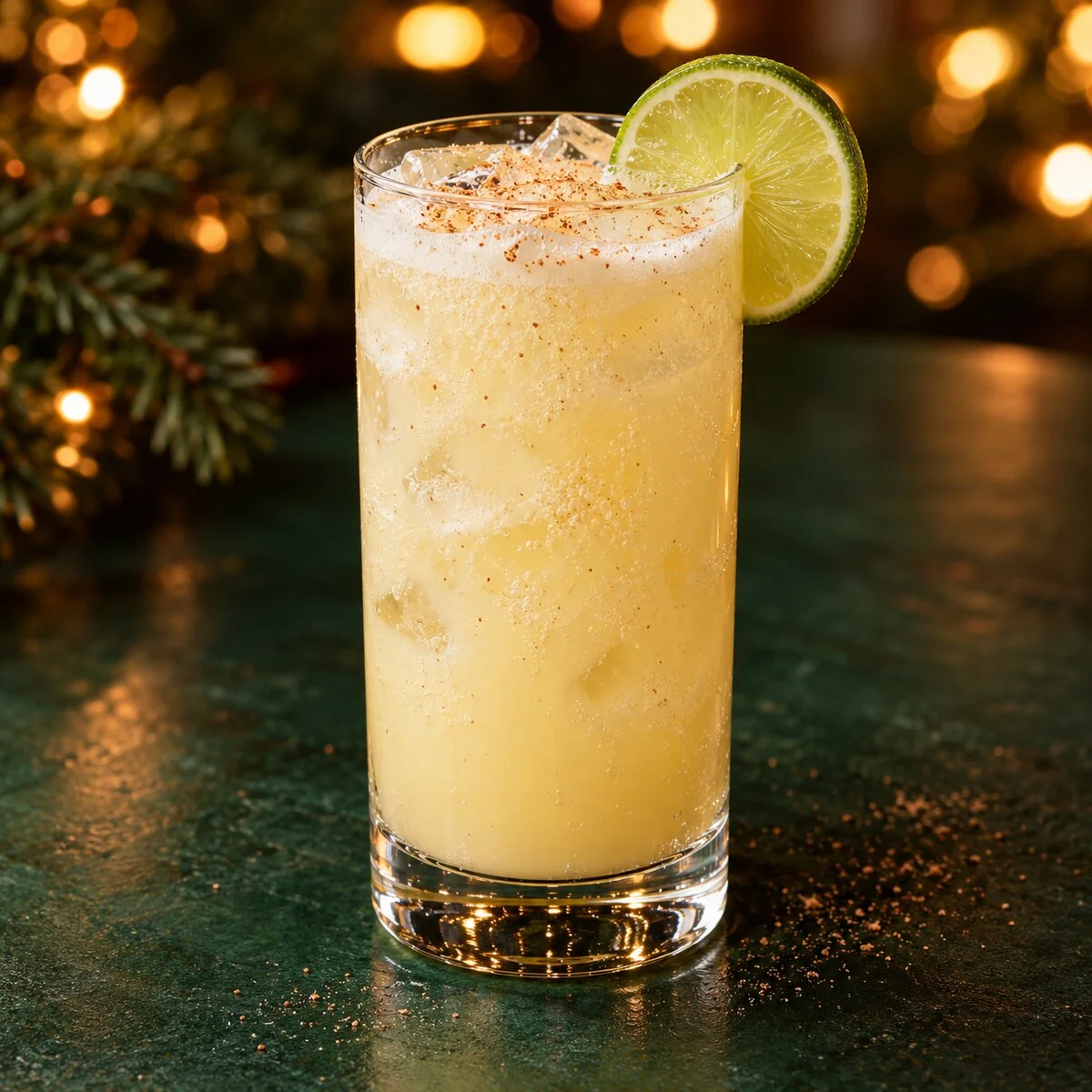 Pale golden advocaat Snowball cocktail with bubbles, nutmeg and a lime wheel in a highball glass