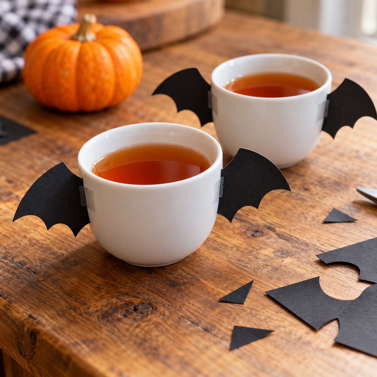 Two small cups of amber rooibos tea with black paper bat wings attached outside and below the rims