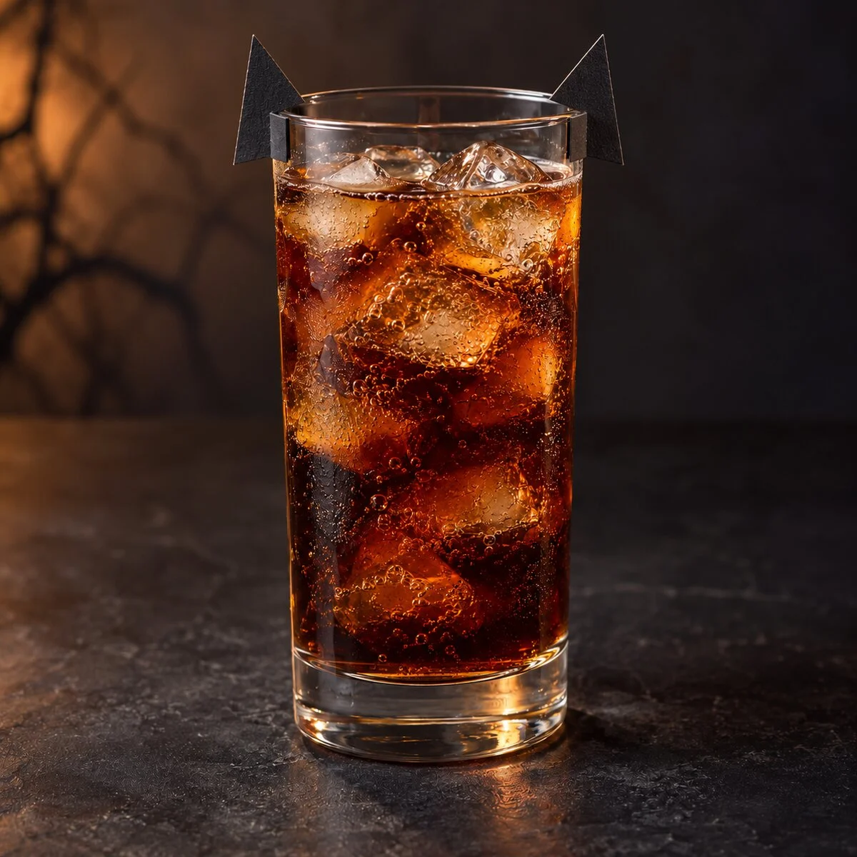 Dark amaretto cold brew highball over ice with two removable black paper cat ears attached outside below the rim