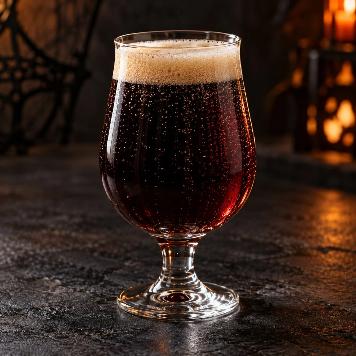 Dark ruby-black Black Velvet cocktail with a modest tan foam collar in a clear tulip glass