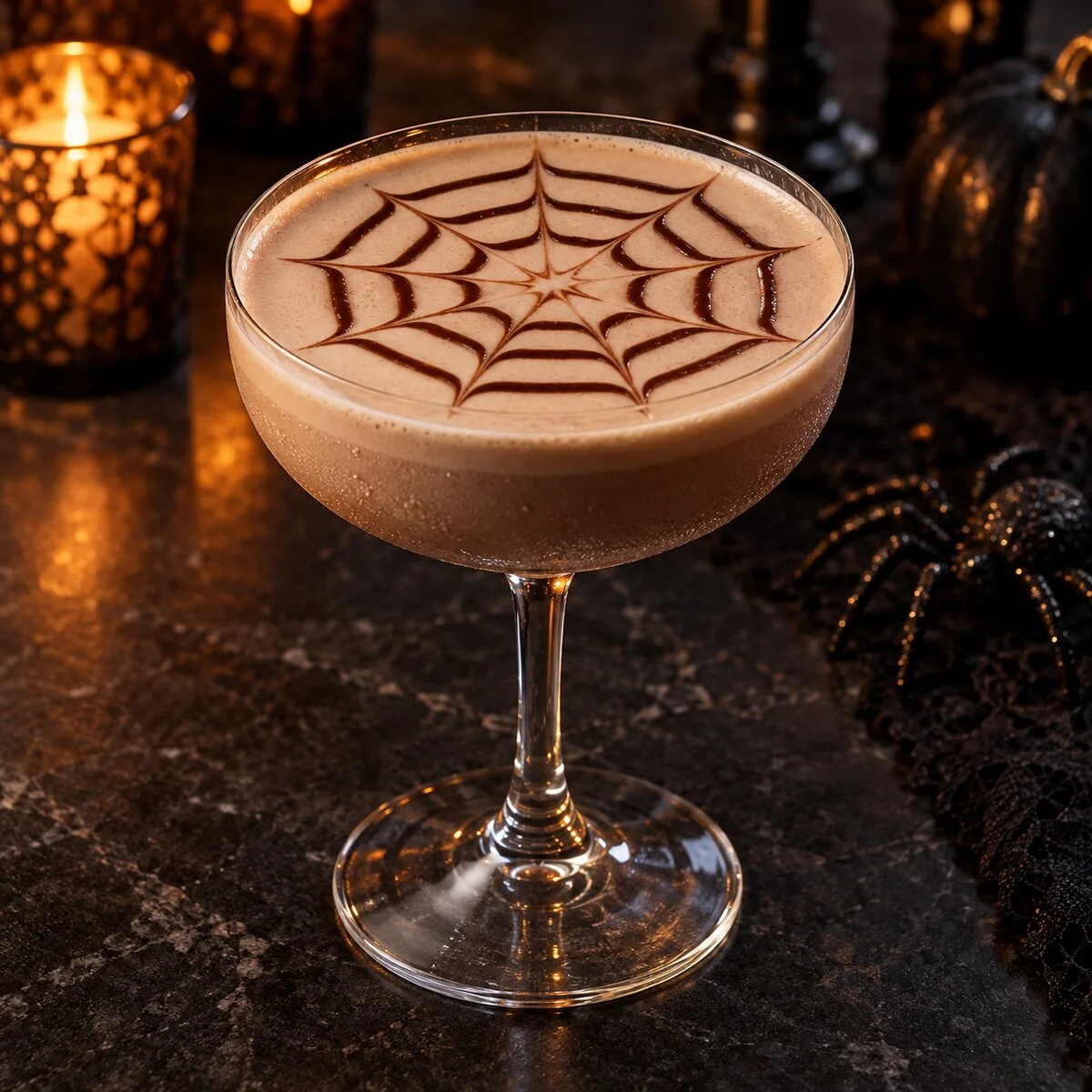 Creamy Halloween Brandy Alexander in a coupe with a chocolate-syrup spiderweb on top