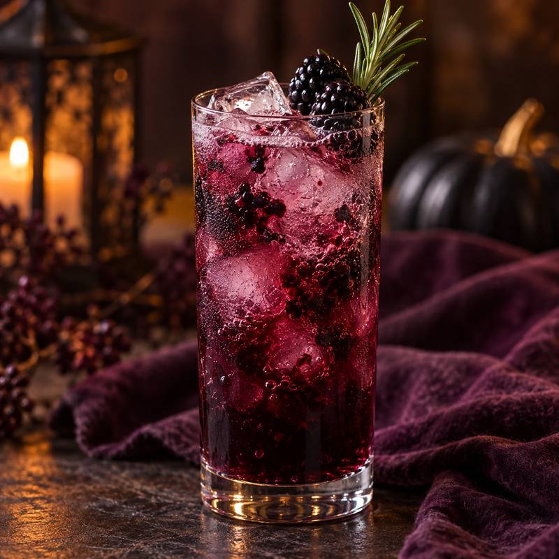 Blackberry witch fizz with rosemary and blackberries in a highball glass