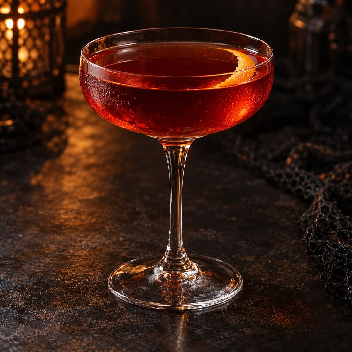 Red-orange rye Boulevardier in a chilled coupe with a small crescent of orange peel