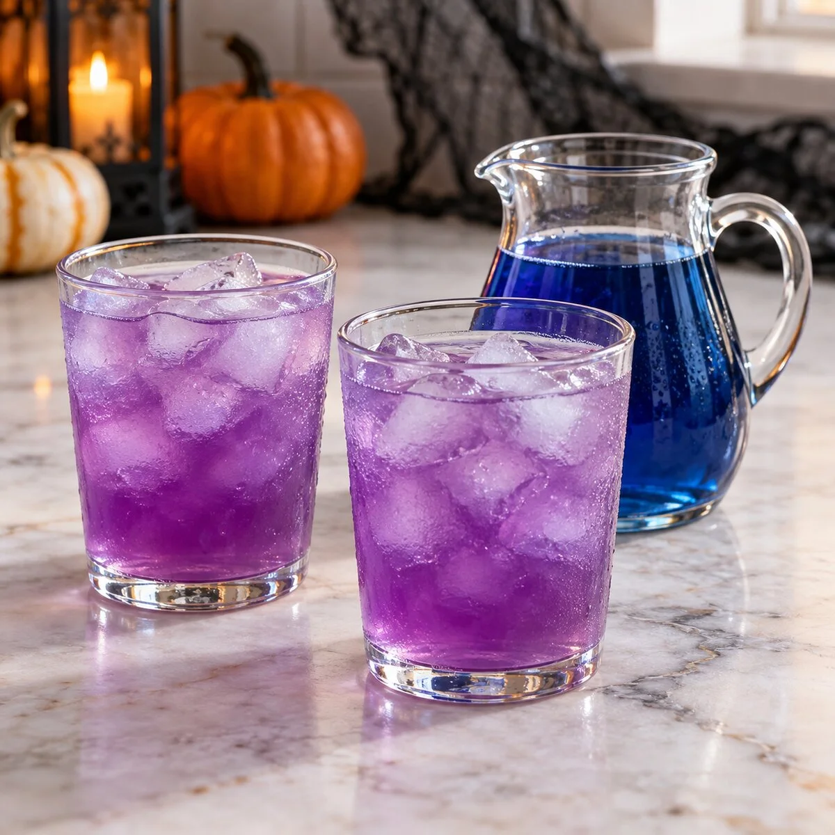 Two violet butterfly pea lemonades over ice beside a small pitcher of blue butterfly pea tea