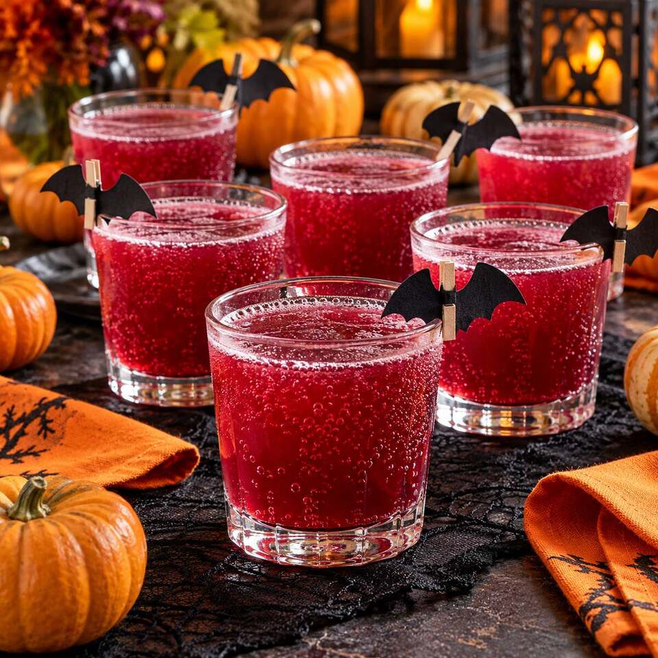 Six ruby-red beet shrub sodas with fine bubbles and black paper bats clipped outside the glasses