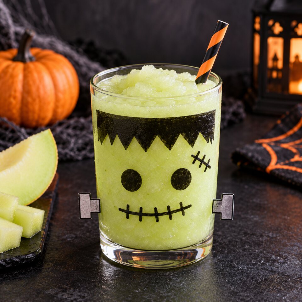 Pale green honeydew slush in a glass decorated outside with a Frankenstein face and paper bolts