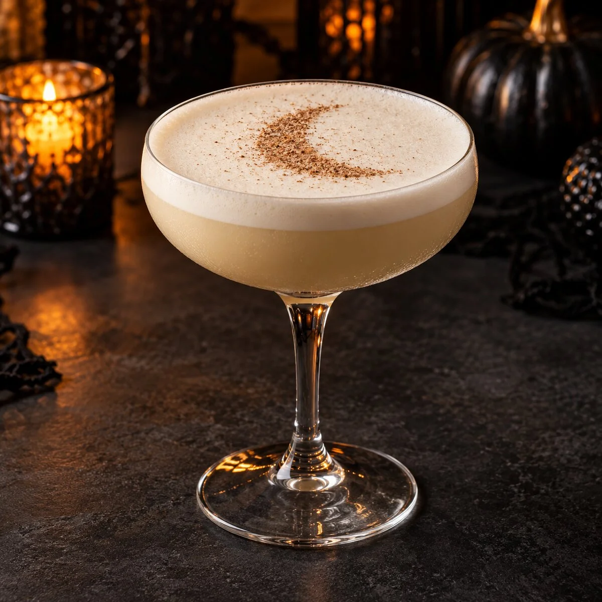 Pale creamy gin flip in a coupe with a crescent moon made from grated nutmeg on the foam