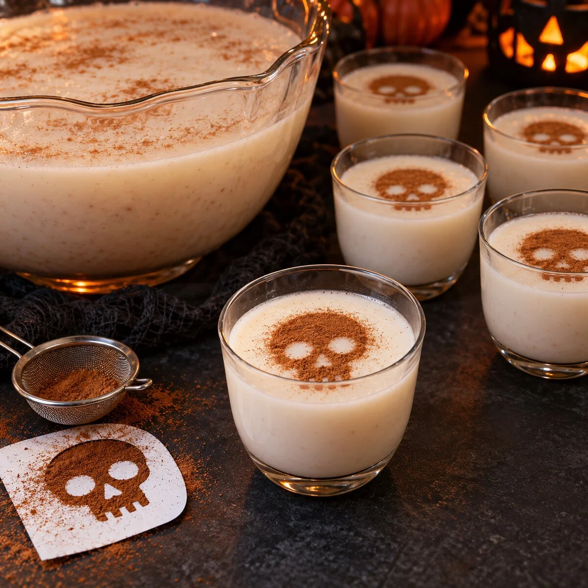 Pale rice milk punch in clear cups with cinnamon skull stencils floating on the surface