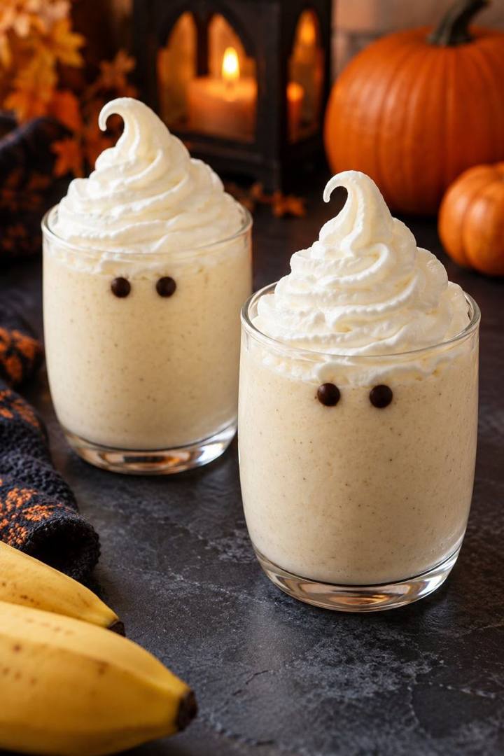 Two small banana vanilla Halloween milkshakes topped with whipped cream ghosts and optional chocolate eyes