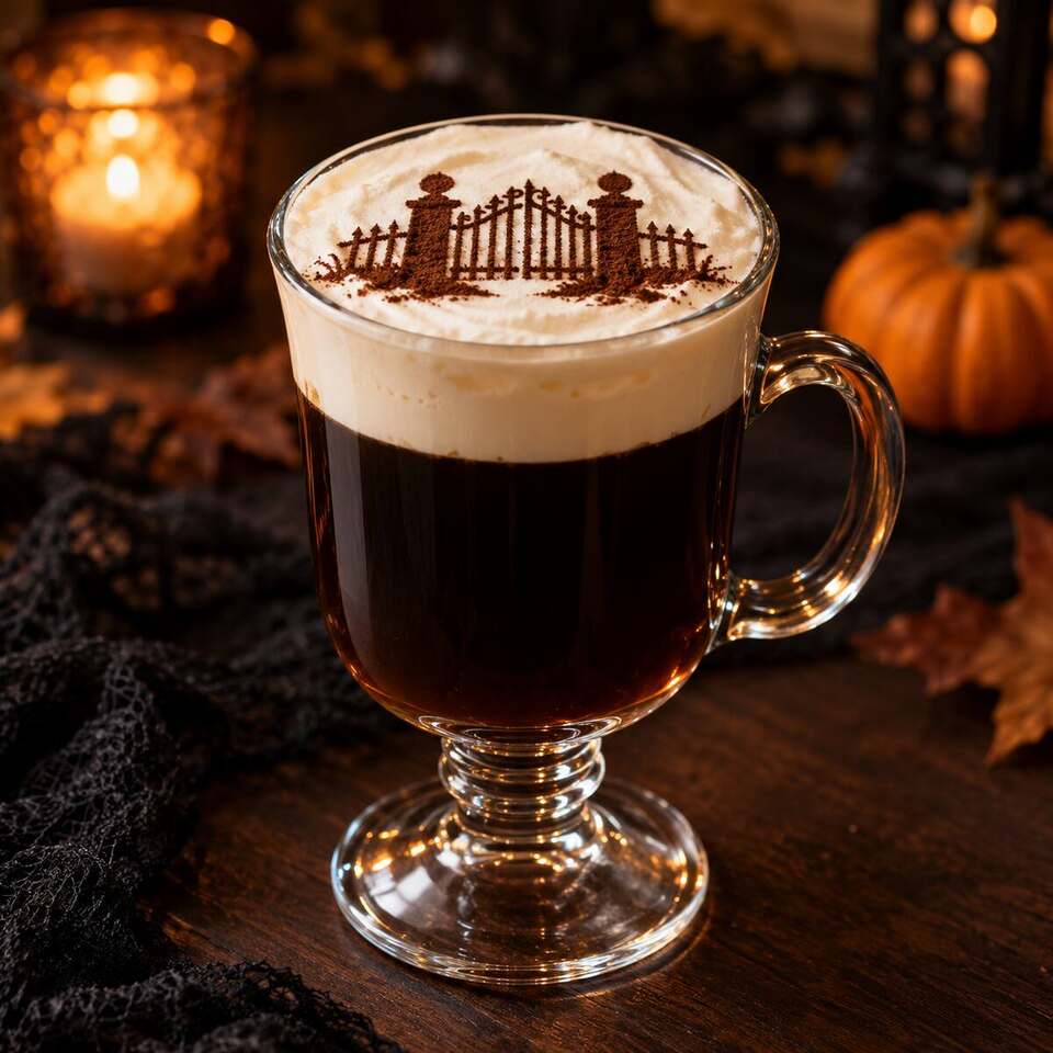 Hot Irish coffee with a floating cream layer and cocoa cemetery gate stencil
