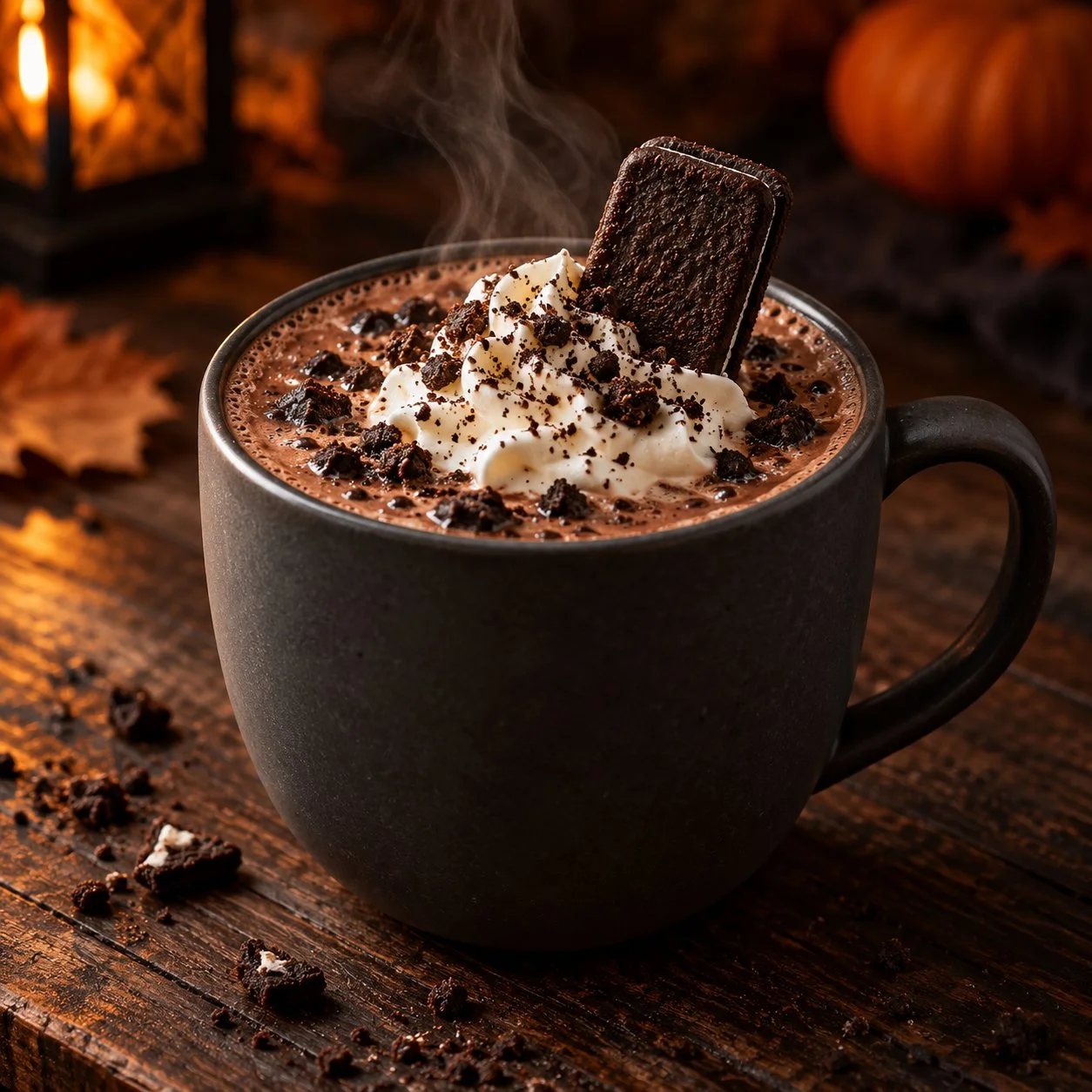 Steaming hot chocolate in a charcoal mug with whipped cream, chocolate wafer crumbs and a wafer cookie tombstone