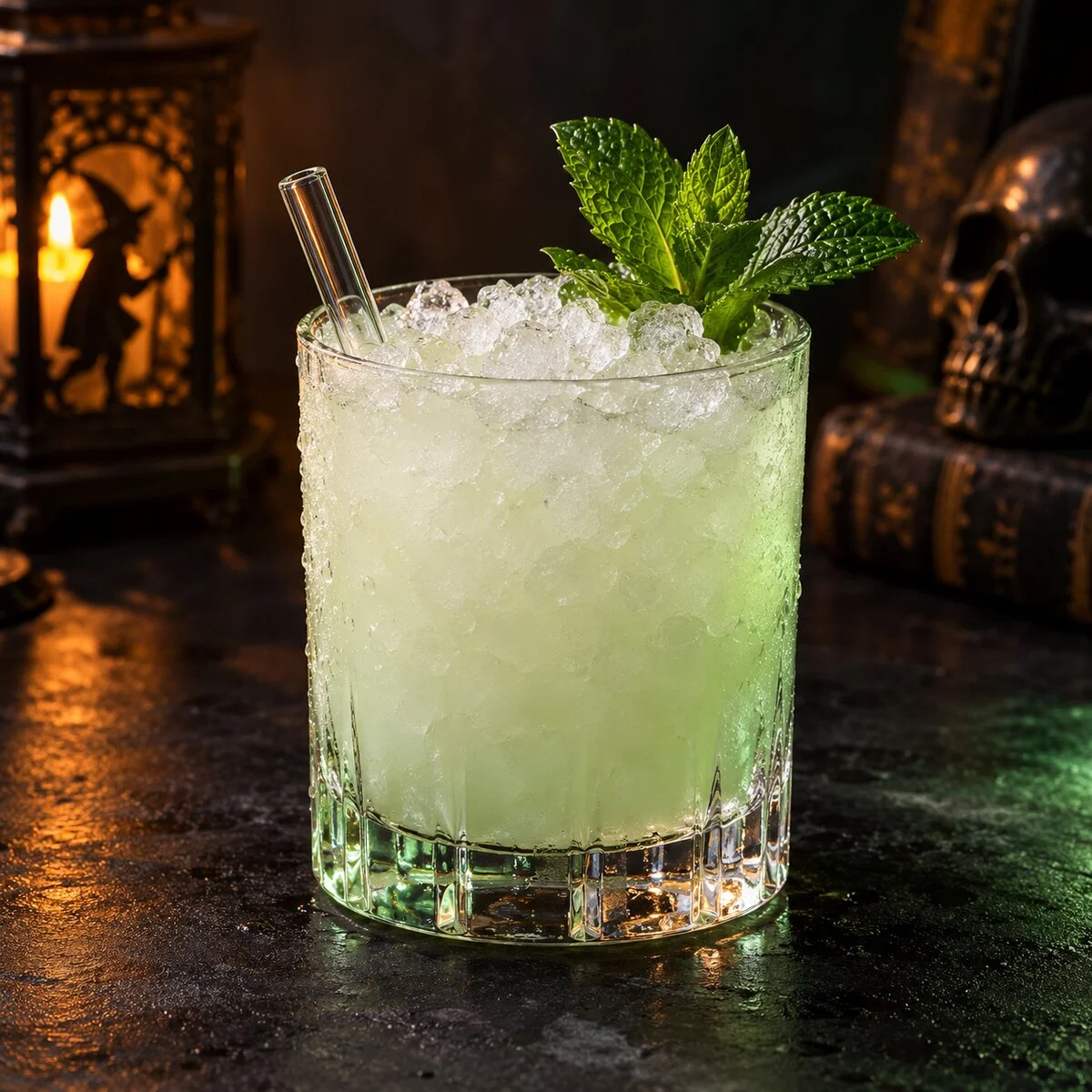Pale green absinthe frappé over crushed ice in a rocks glass with a fresh mint sprig