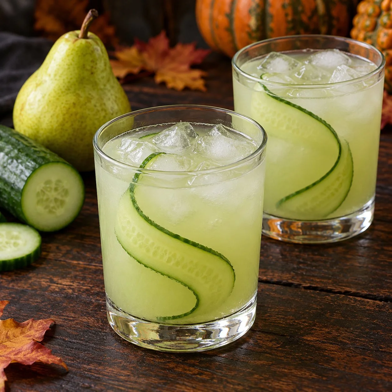 Two pale green pear and cucumber coolers over ice with long cucumber ribbon tentacles curled inside the glasses