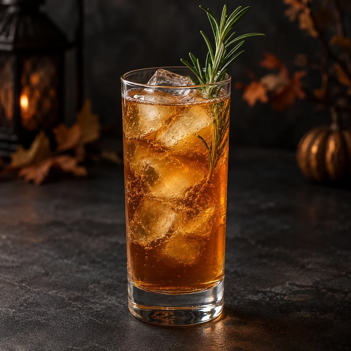 Amber Scotch and smoky tea highball over clear ice with an unburned rosemary sprig