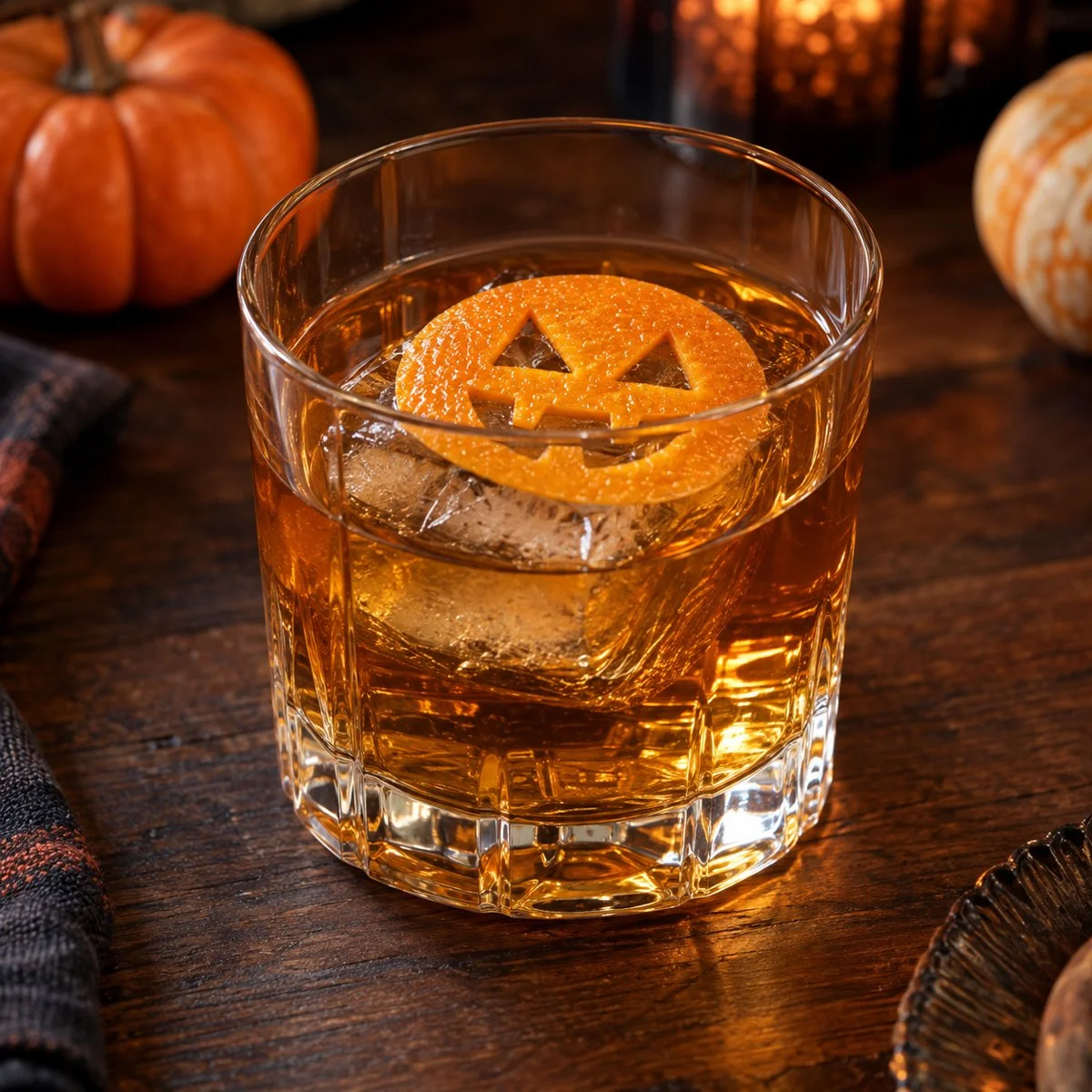 Amber cognac Old Fashioned in a short rocks glass with a large ice cube and an orange-peel pumpkin face