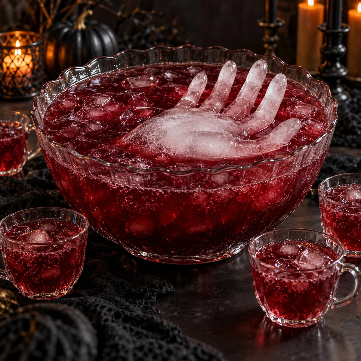 Ruby hibiscus and cranberry punch in a clear bowl with a translucent frozen-water hand floating on top