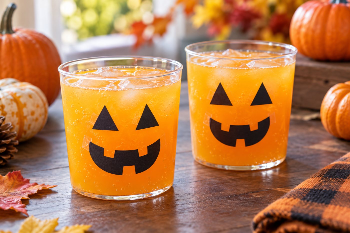 Two clear cups of orange pineapple fizz with black paper jack-o'-lantern faces attached outside