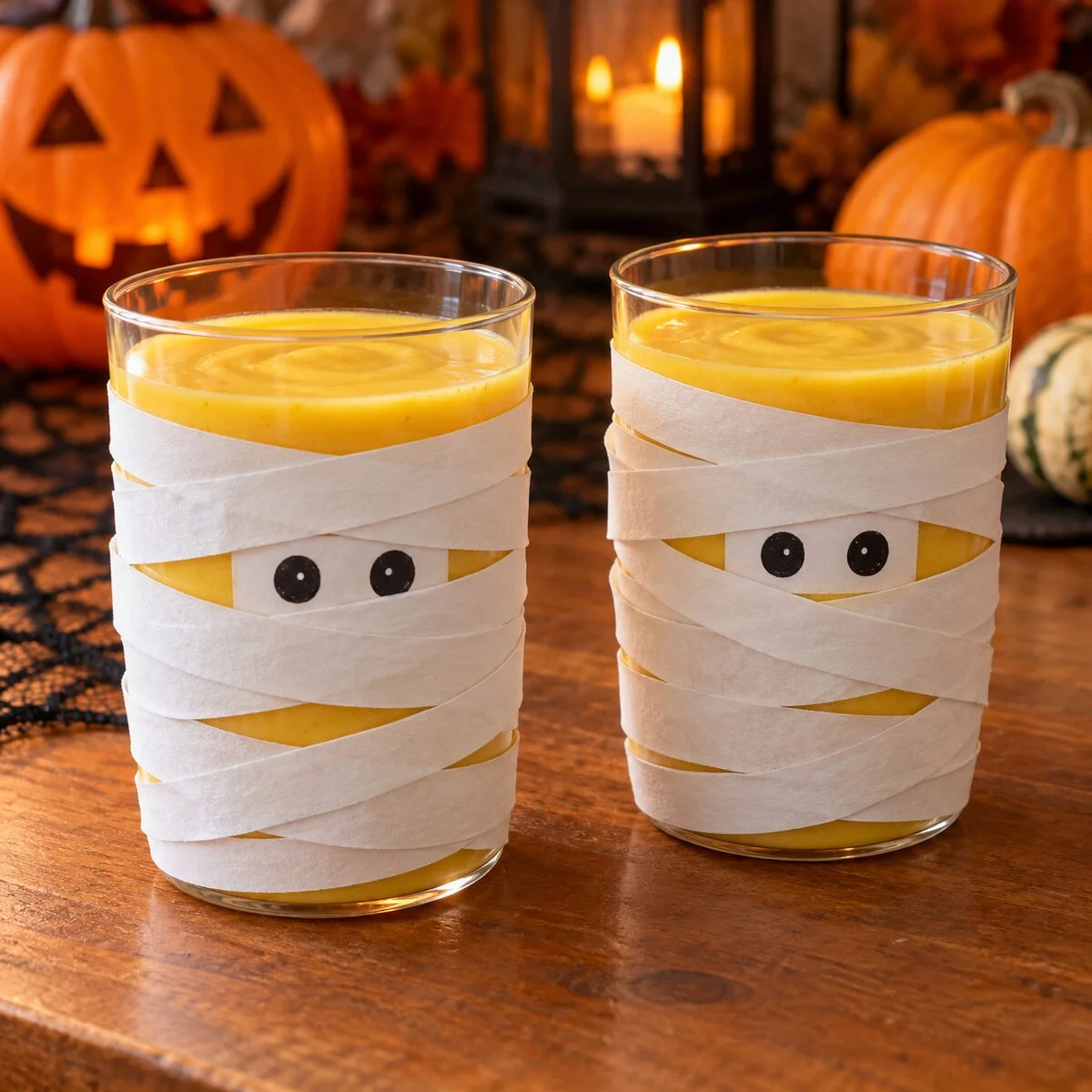 Two yellow mango coconut smoothies in cups with external white paper mummy bandages and drawn black eyes