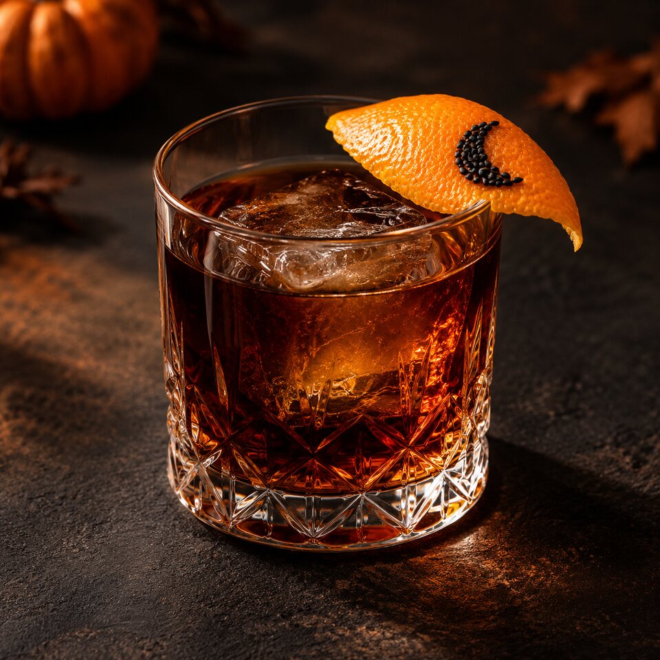 Dark mezcal Black Manhattan over a large ice cube with an orange peel and black sesame crescent