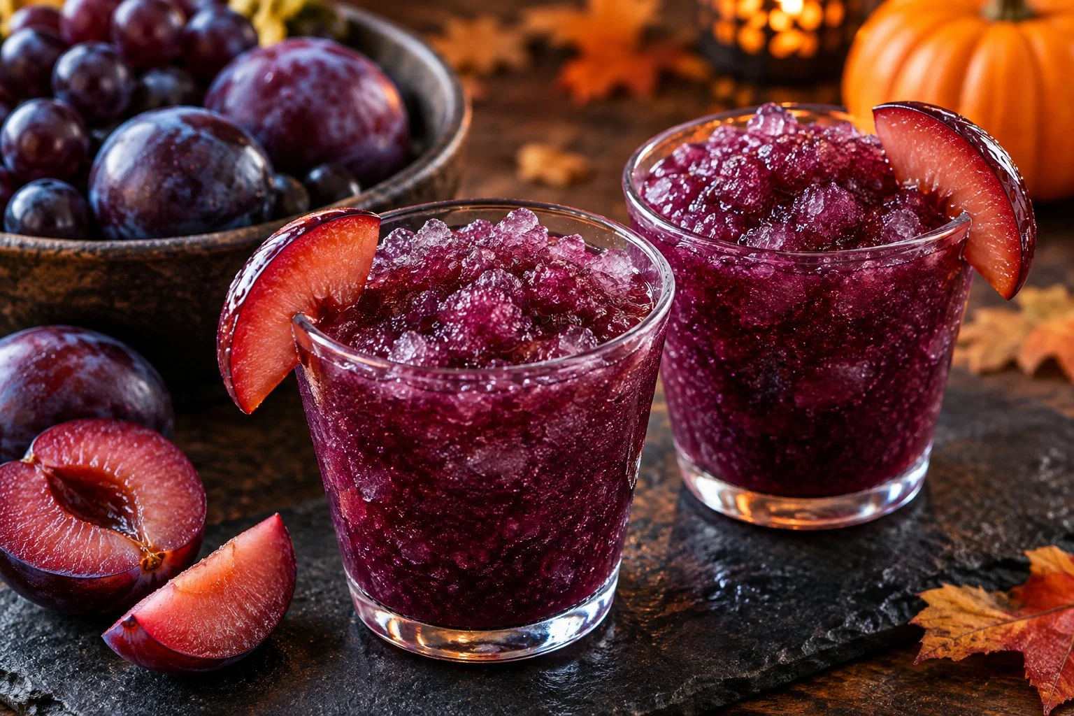 Two small cups of deep purple plum and grape slush with thin plum wedges on the rims