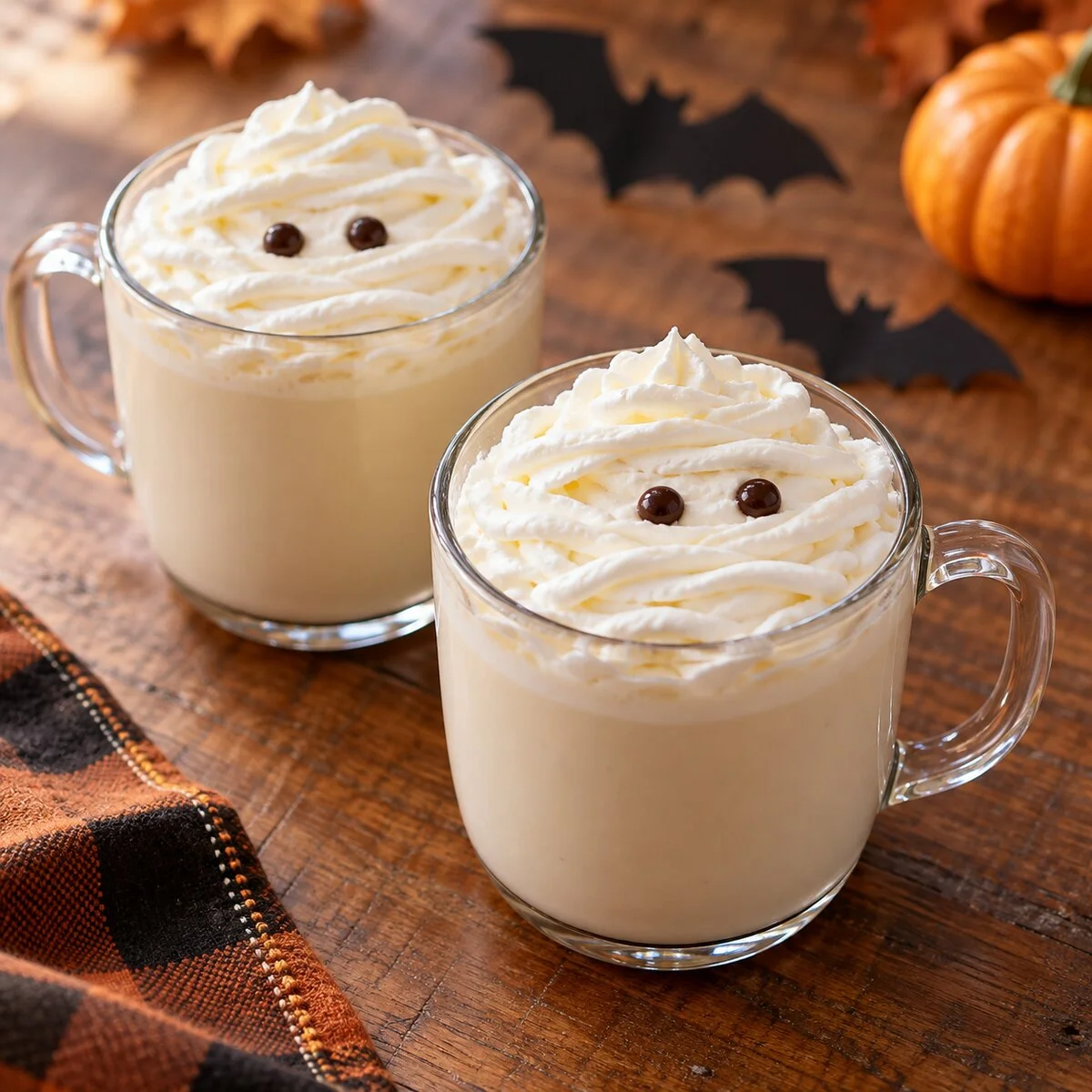 Two mugs of white hot chocolate topped with whipped-cream mummy bandages and cocoa eyes