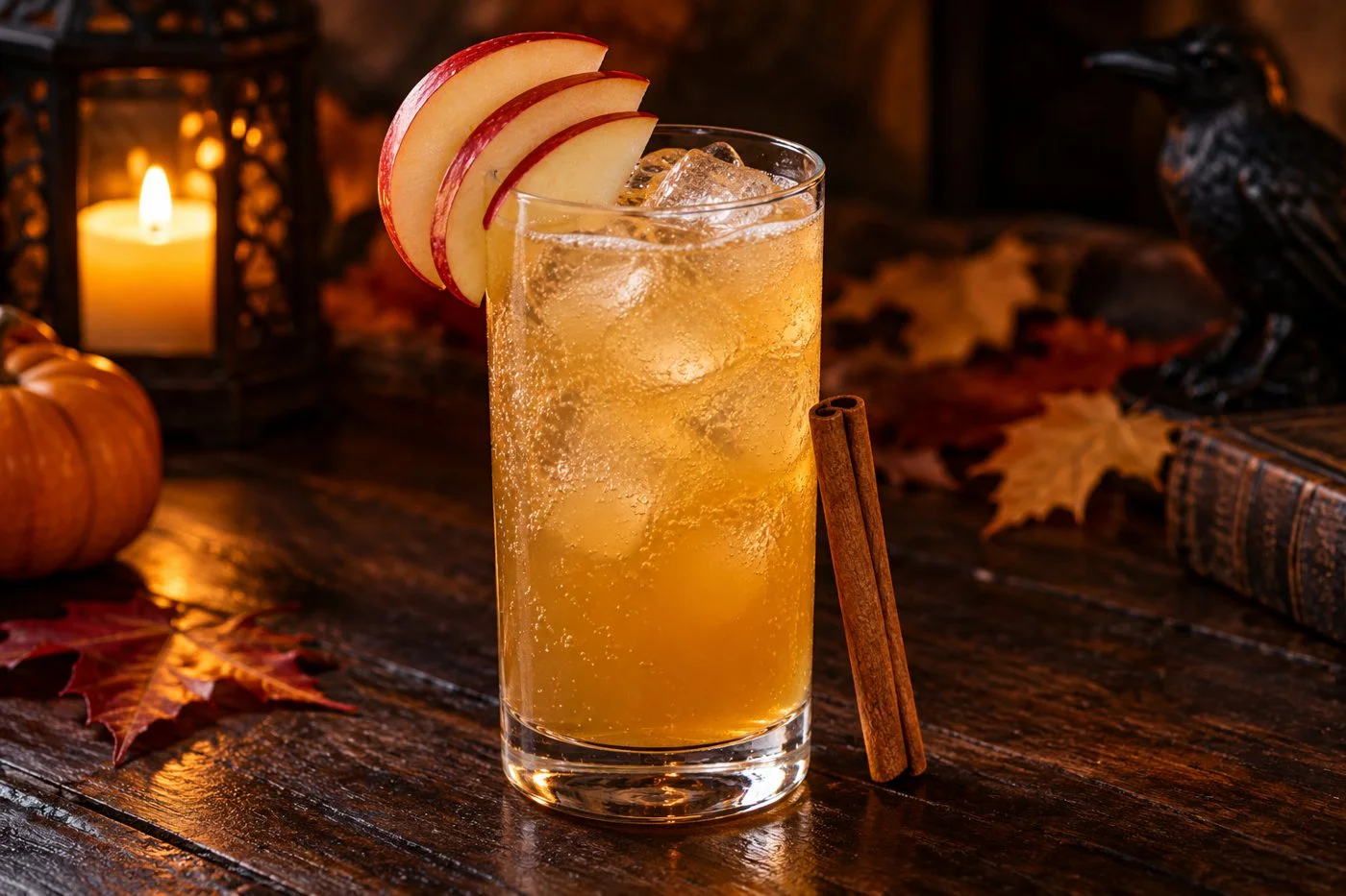 Golden apple cider and dark rum mule over ice with three red apple slices on the rim