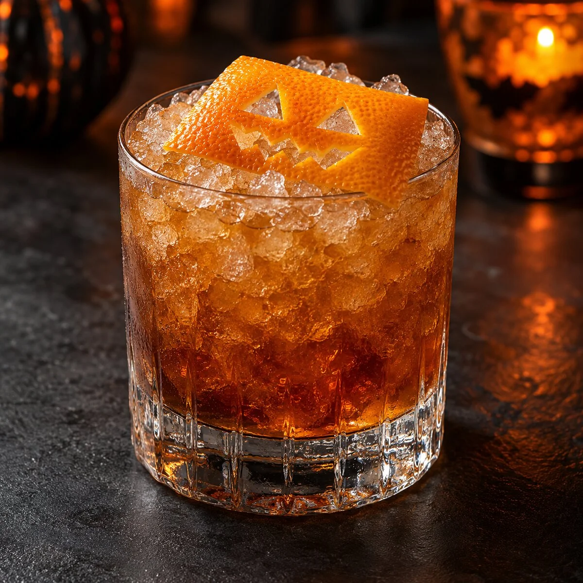 Amber pumpkin Oloroso sherry cobbler over crushed ice with a carved jack-o'-lantern orange peel