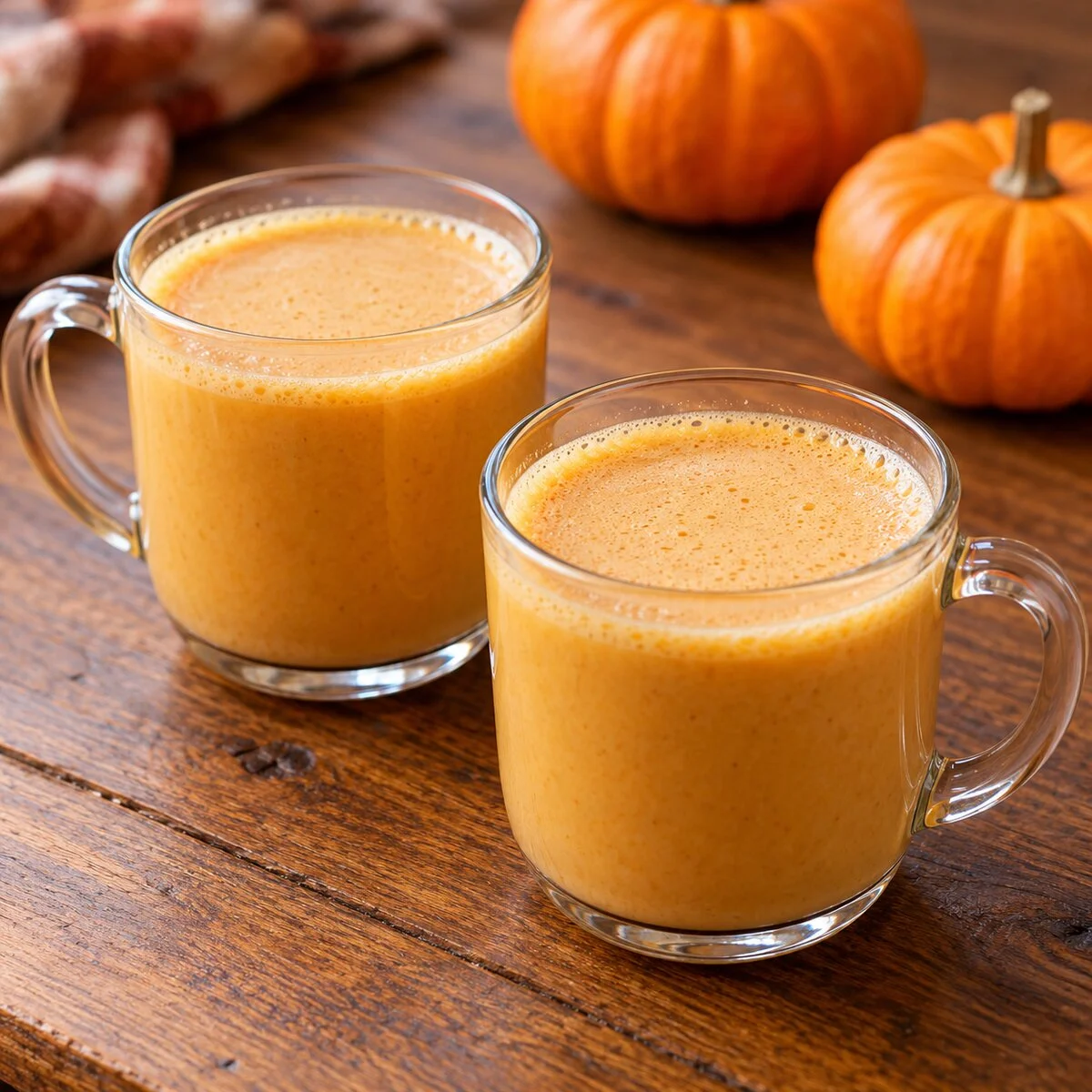 Two small heatproof glass mugs filled with warm orange pumpkin milk drink on a wooden table beside small pumpkins
