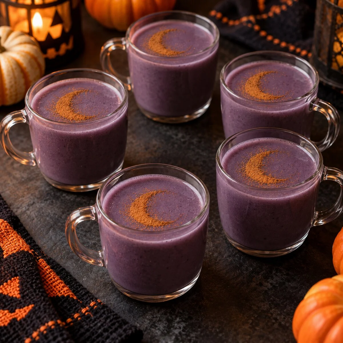 Purple-blue corn atole in clear mugs with crescent moons dusted in cinnamon