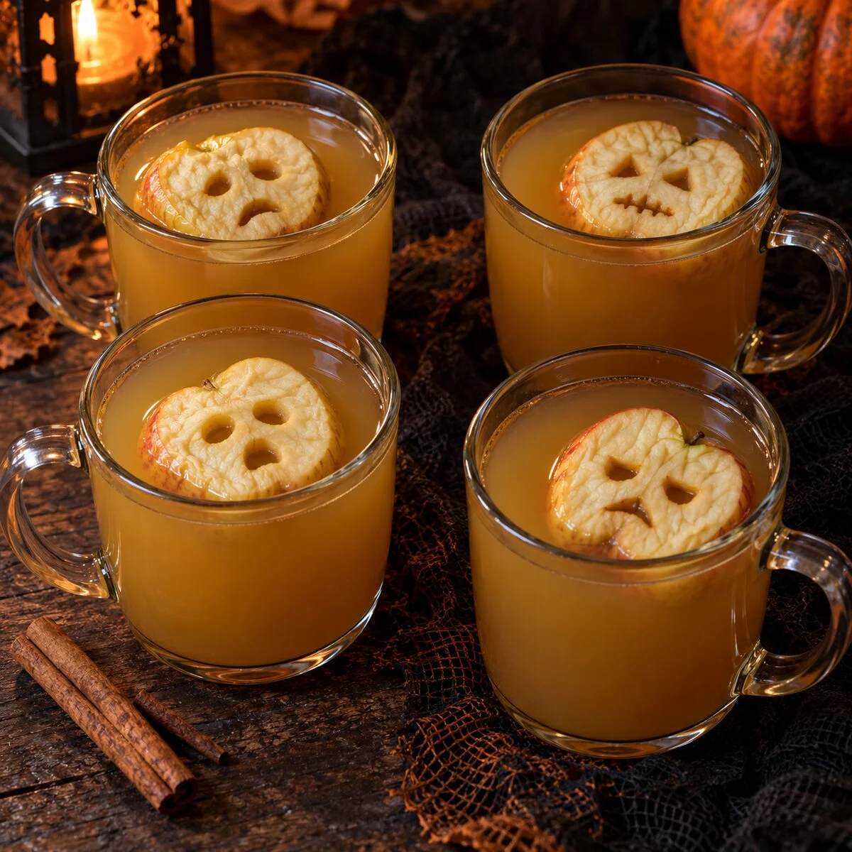 Four glass mugs of warm cloudy apple punch with simple carved apple faces floating on top