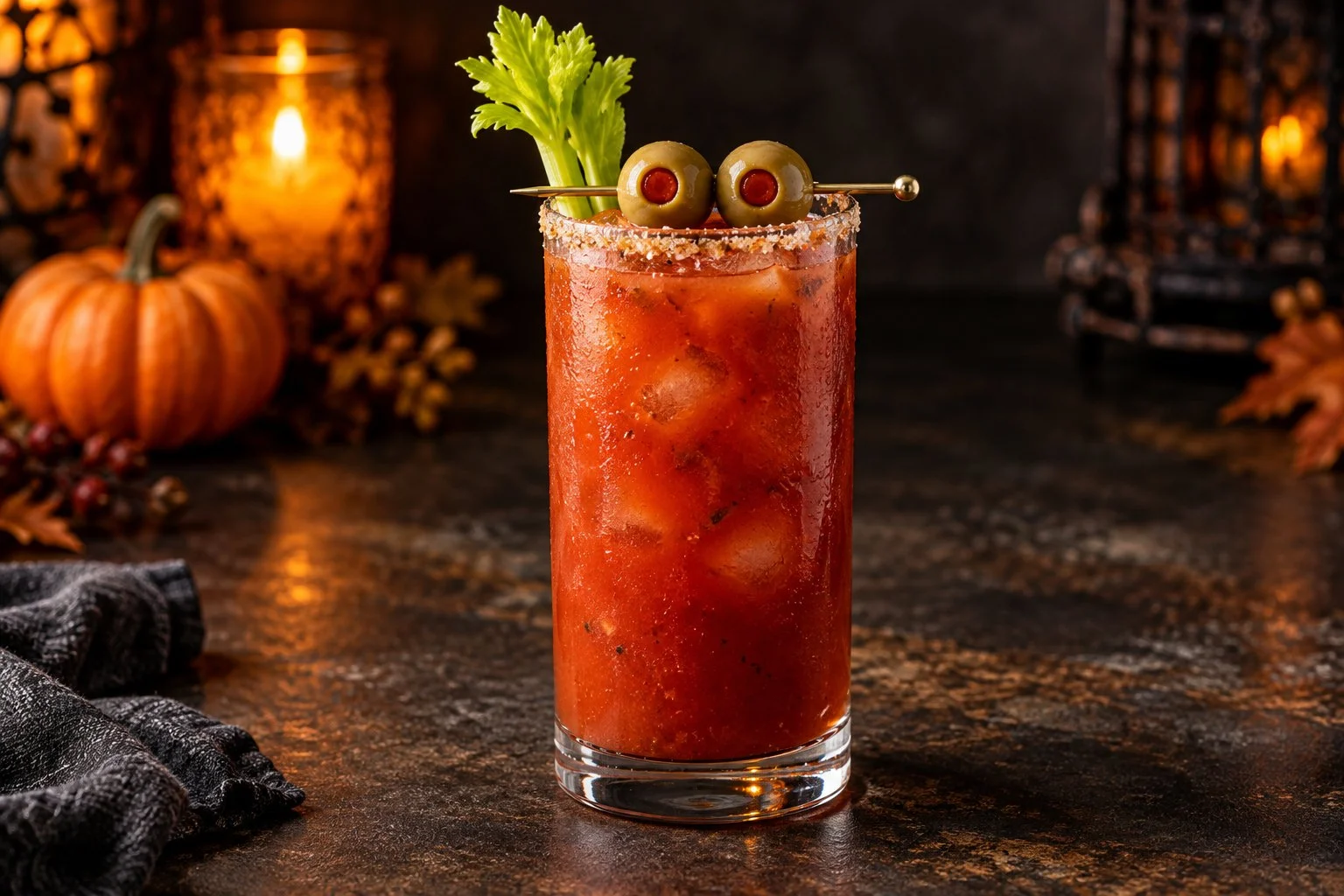 Red mezcal Bloody Maria over ice with celery, a celery-salt rim and two pimiento olive eyes