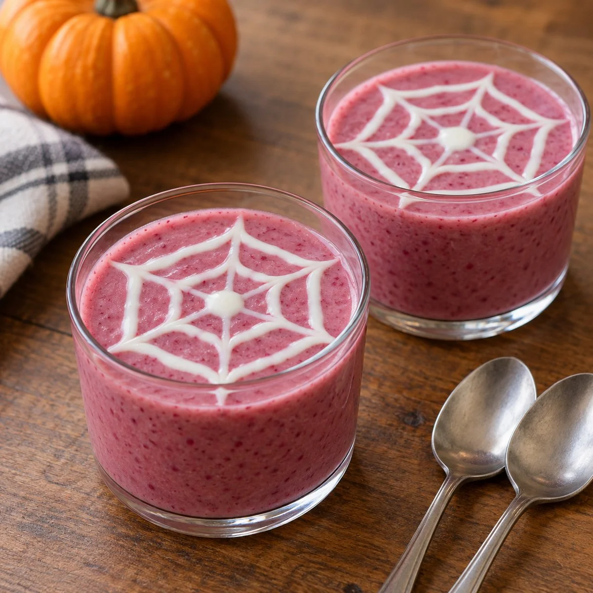 Two thick pink raspberry yogurt smoothies in wide cups, each topped with a thin white yogurt spiderweb
