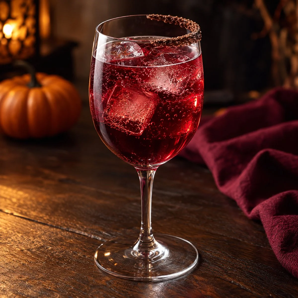 Ruby-red port and tonic over ice in a wine glass with a thin cocoa-sugar coating on half the rim