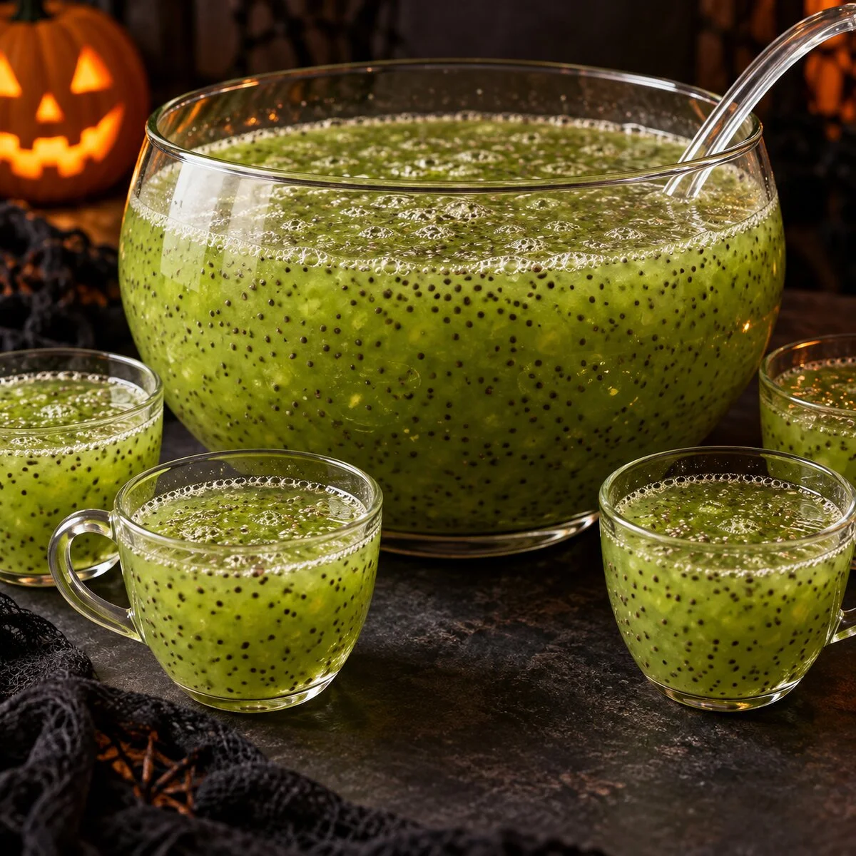 Green kiwi and cucumber chia punch in a clear bowl with hydrated black chia seeds and bubbles