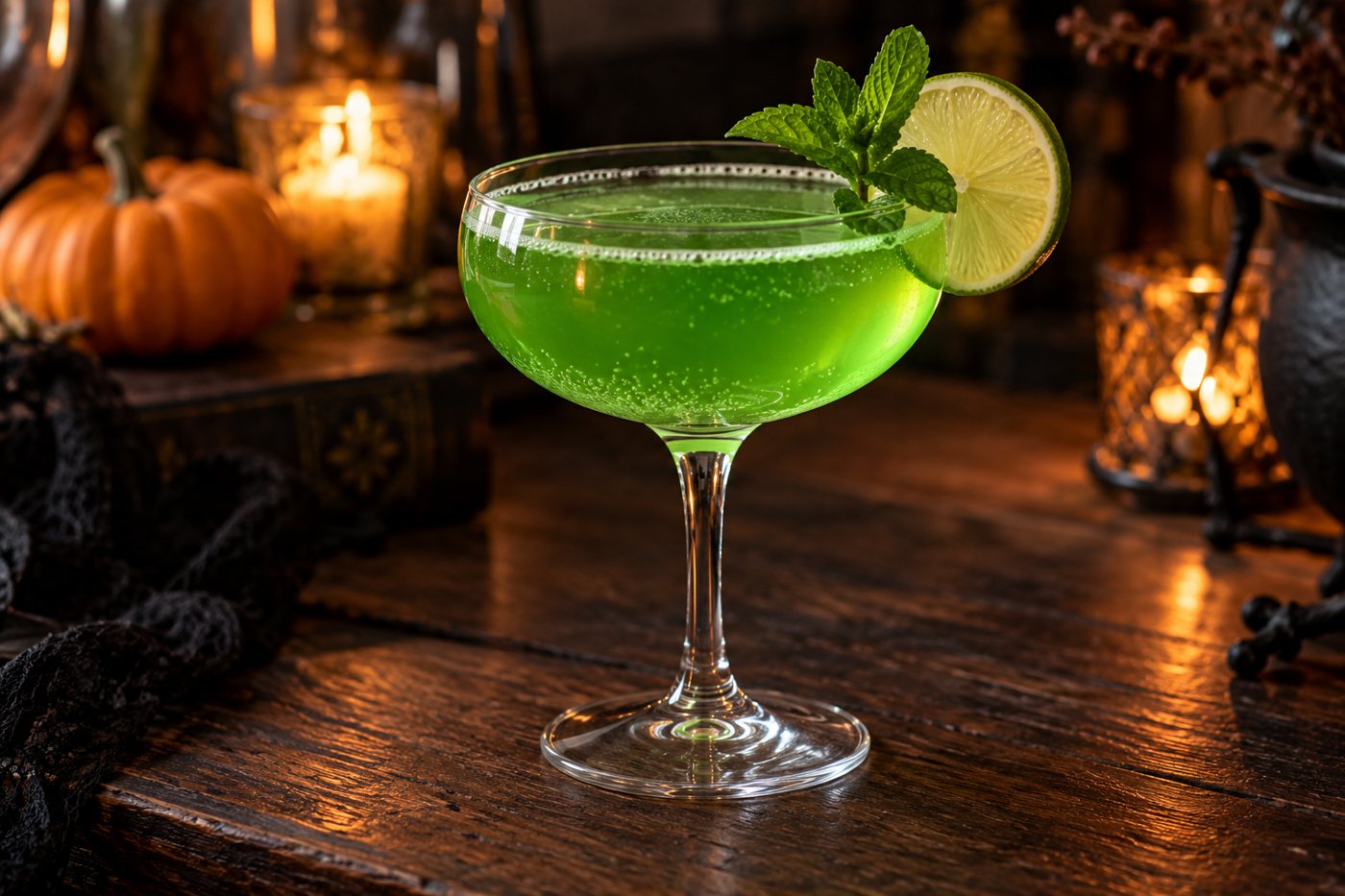 Bright green melon and lime Halloween cocktail in a coupe with a lime wheel and mint