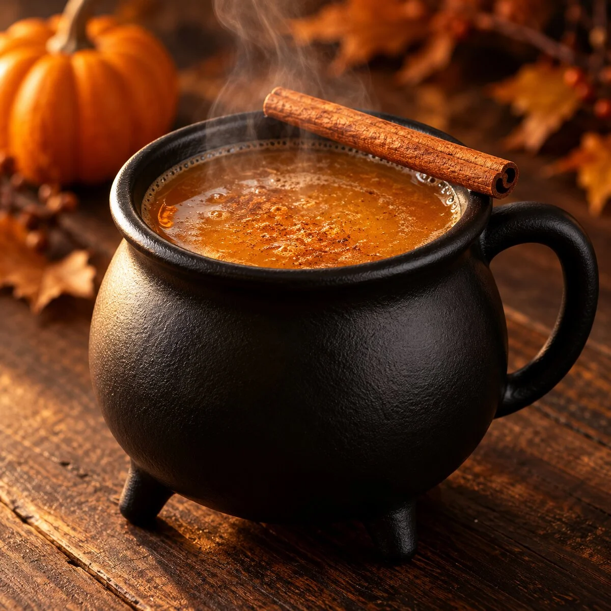 Steaming amber hot buttered rum in a black cauldron mug with a cinnamon stick