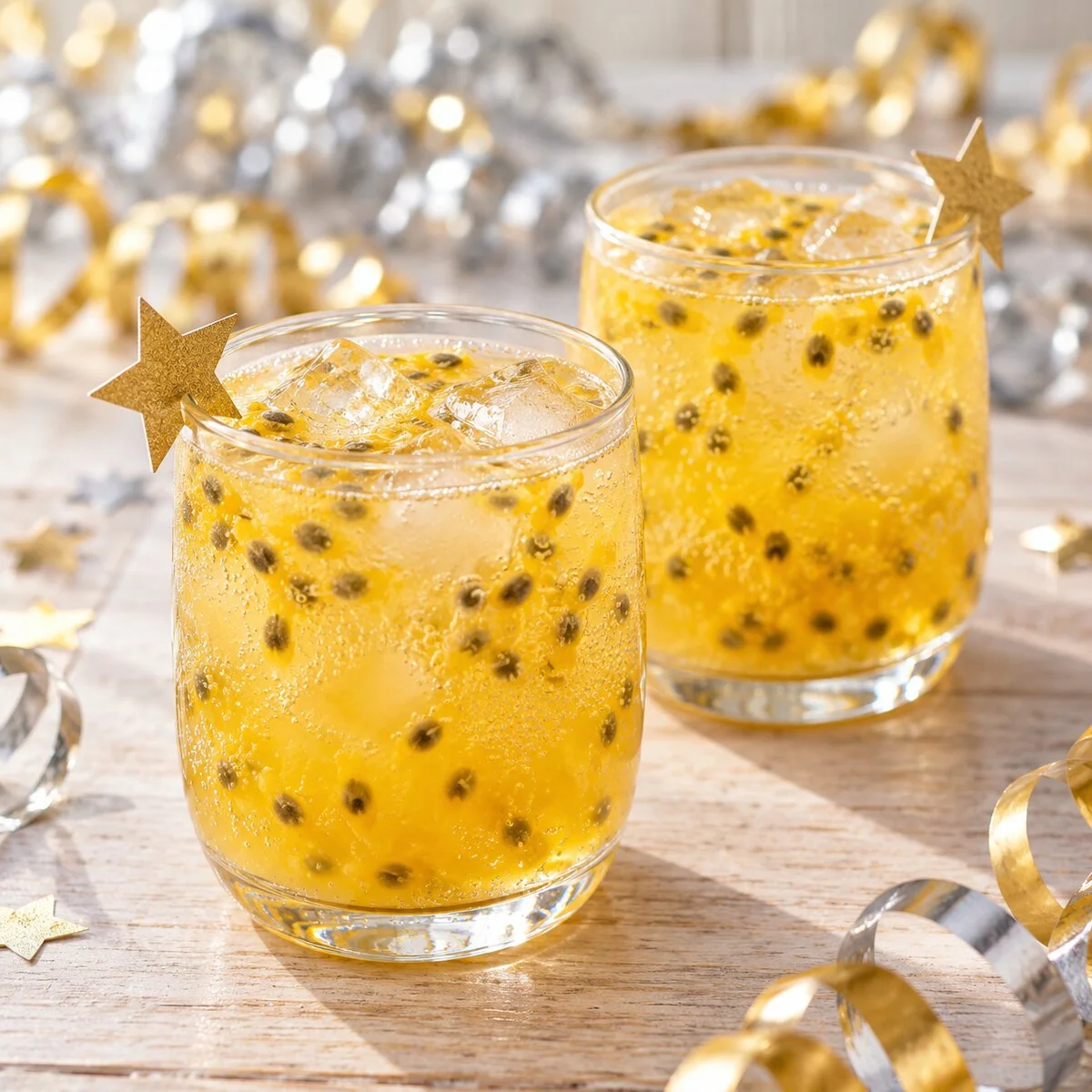 Two golden passion fruit sparkling drinks with natural seeds and removable paper stars