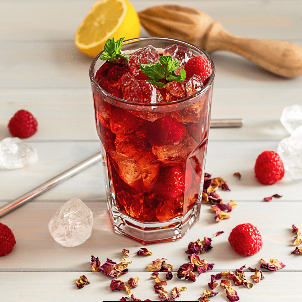 Summer Berry Lemonade Refresher (Starbucks) with berries and ice in the drink, garnished with mint leaves.