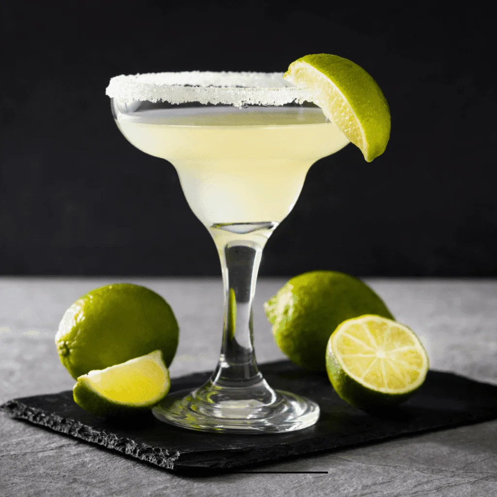 Margarita with a salted rim and fresh limes on a black slate
