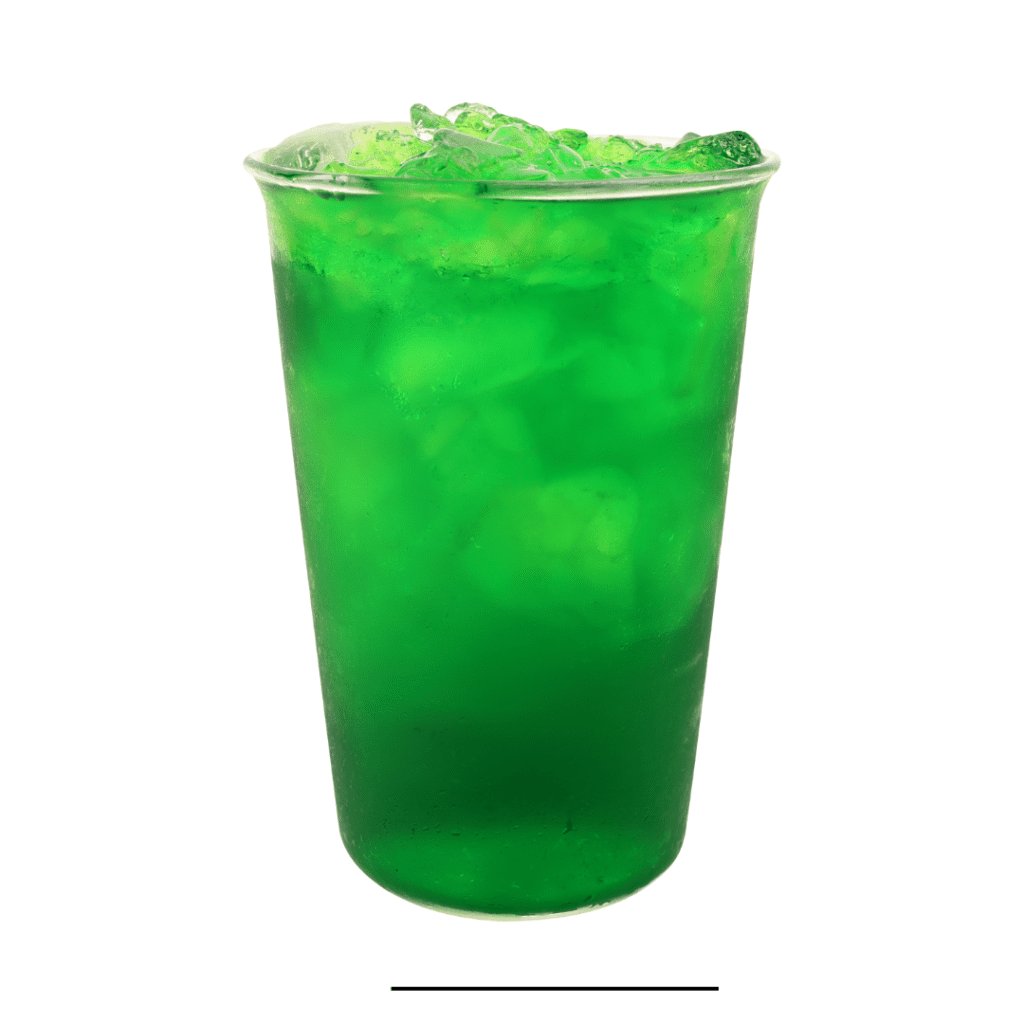 A glass of Dutch Bros Rebel which is green in color presented with ice on top