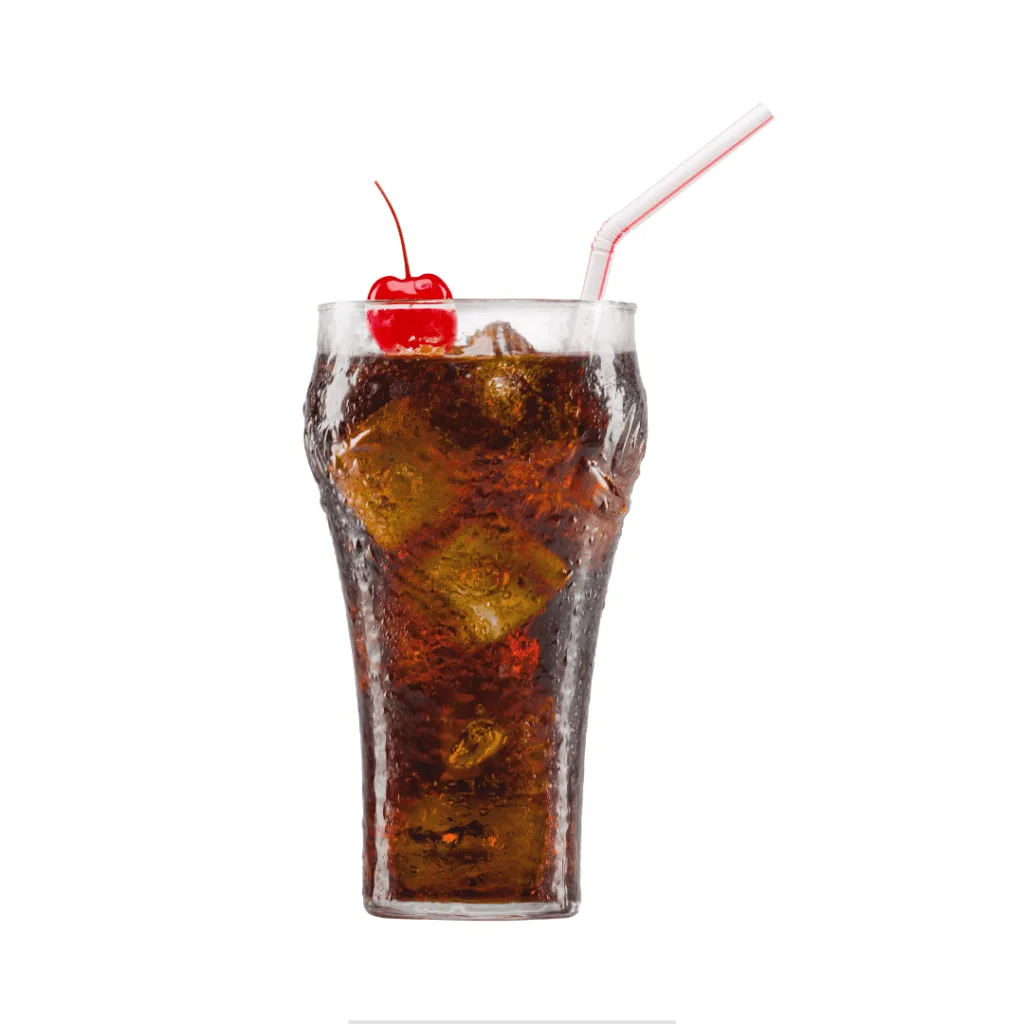 A glass of chilled copycat homemade olipop served with ice and garnished with a cherry