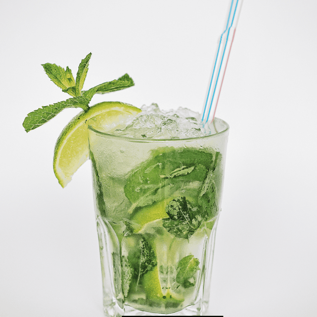 Topo Chico Mocktail served with lemon, ice and mint leaves