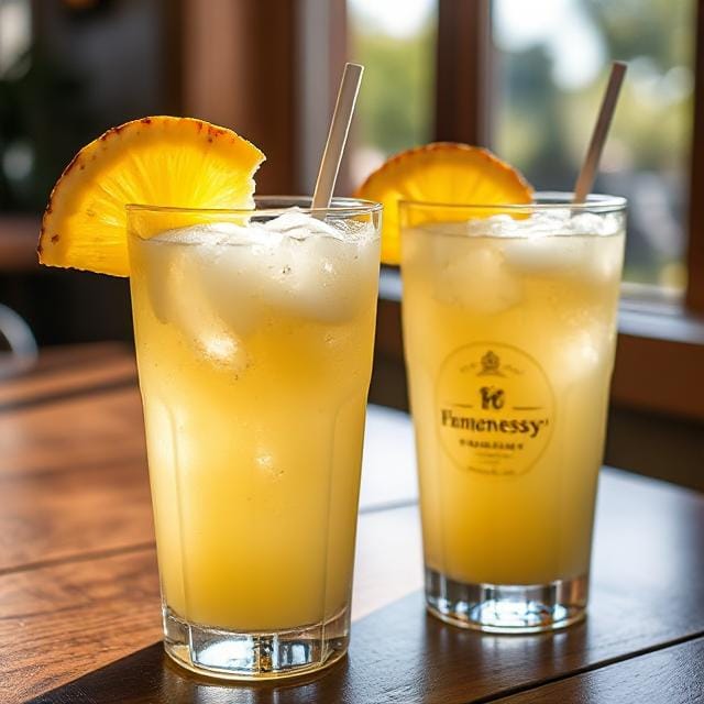 Image of 2 glasses of pineapple hennessy lemonade, topped with slice of pineapple, on a wooden table