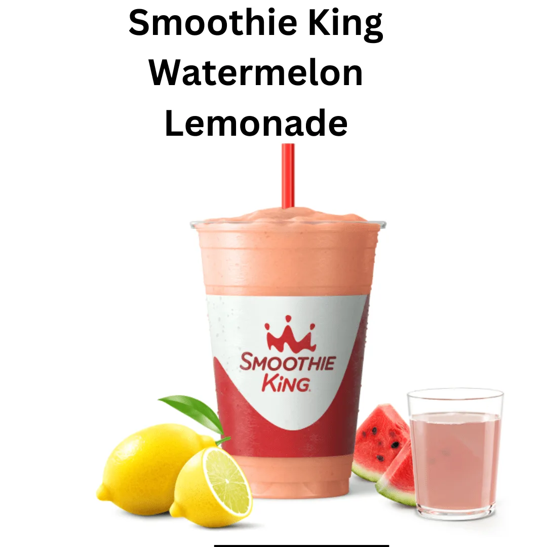 Smoothie King Watermelon Lemonade Homemade Recipe with lemon and watermelon slice beside.