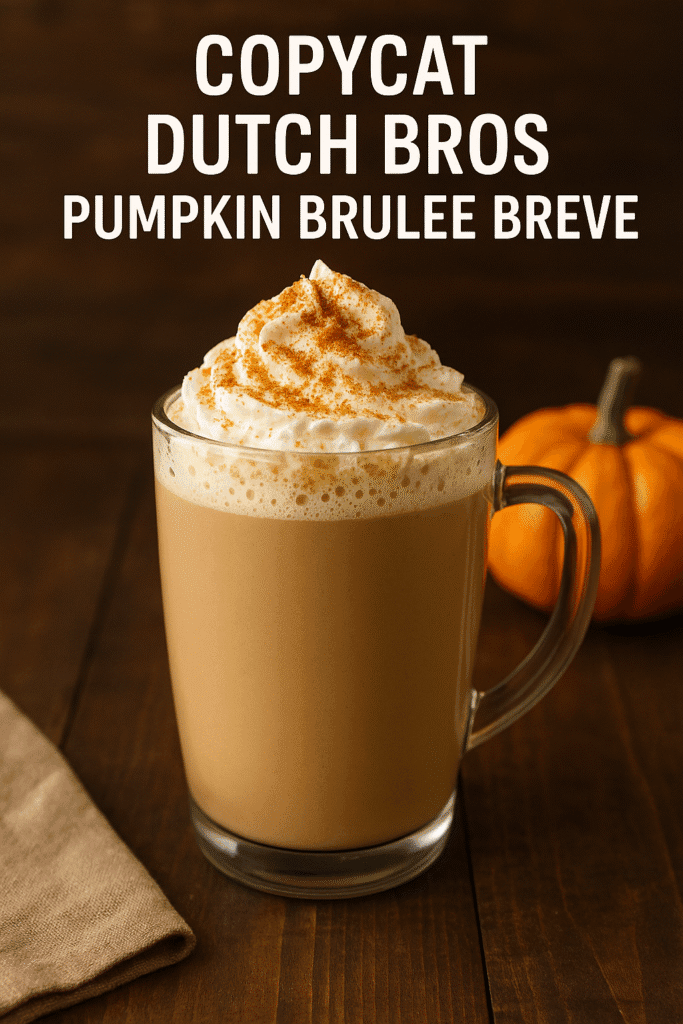 Copycat Dutch Bros Pumpkin Brulee Breve with a pumpkin in the background