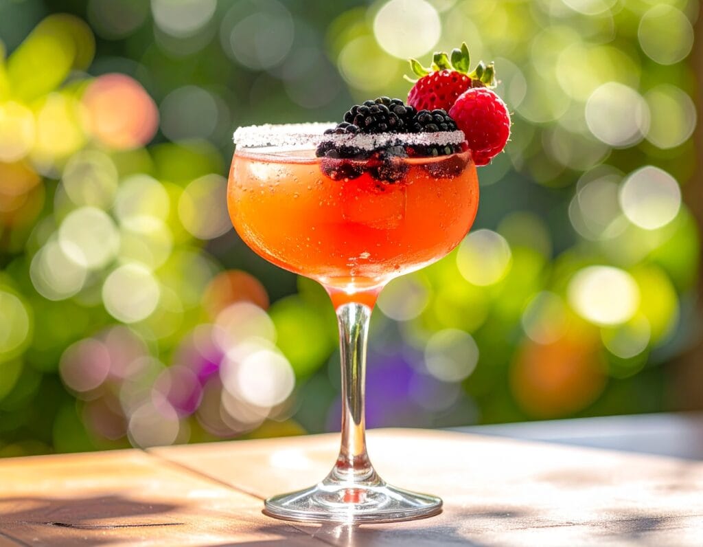 Refreshing US Open Cocktail Recipe garnished with berries in sunlit outdoor best for summers.