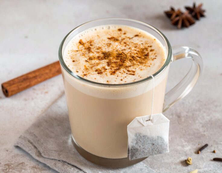 Chai latte with a tea bag